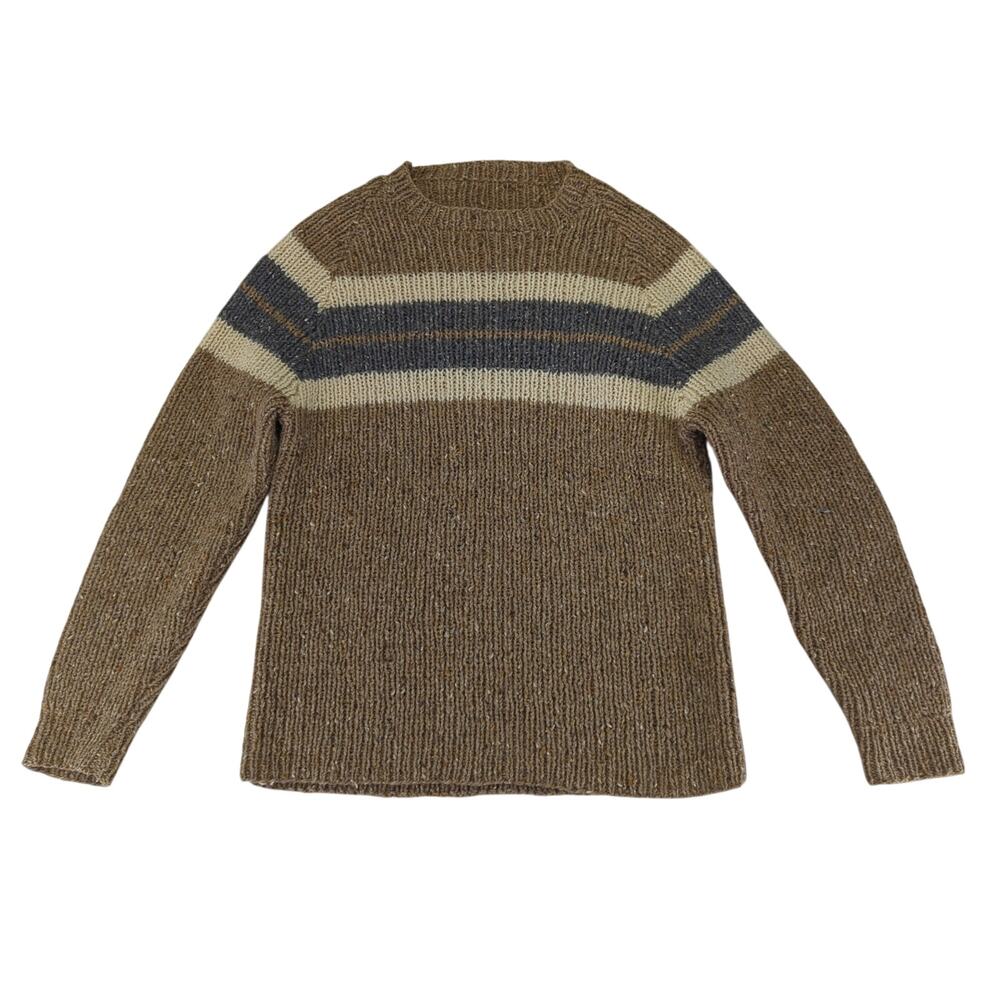 100% Wool Crewneck Sweater Knit Men's Size Large Brown Gray Stripe Grandpa
